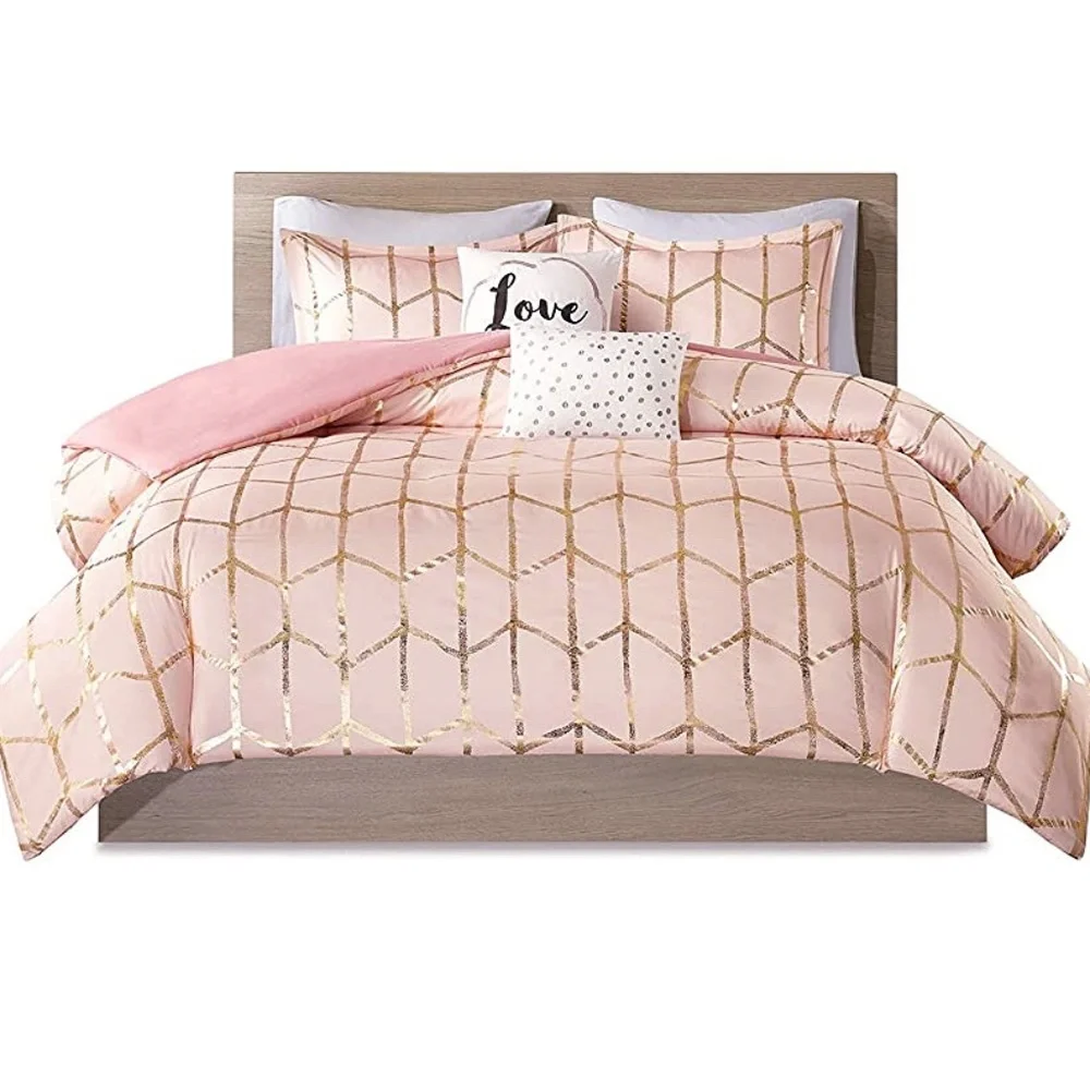 Raina 5 Piece Metallic Printed Duvet Cover Set, Queen, Blush/Gold NWT